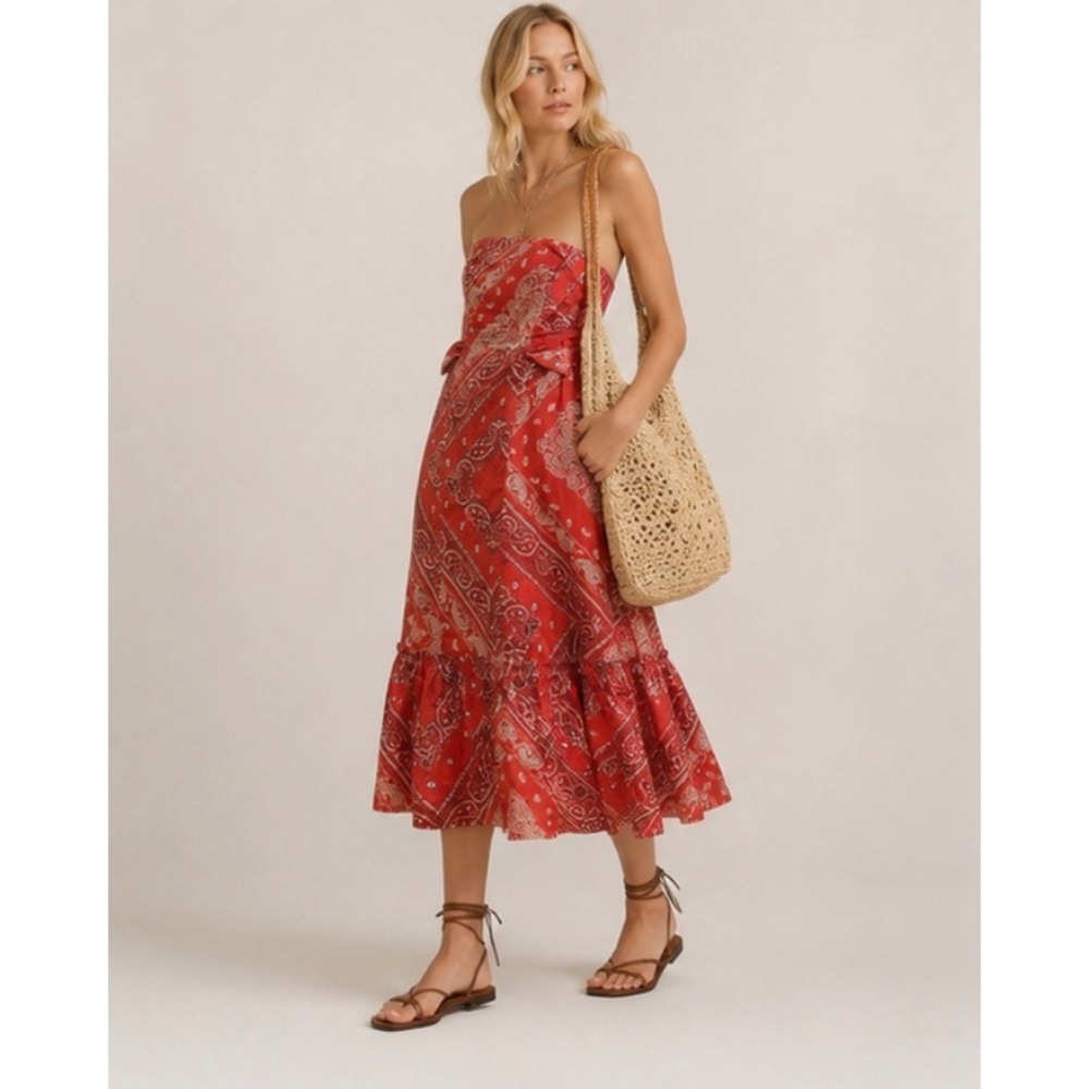 Holding Horses Anthropologie Red Bandana Paisley Strapless Maxi Dress Womens 6